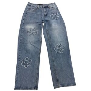 Cali 1850 Women's Blue Denim Jeans Flower Patch Wide Leg High Rise Size 7